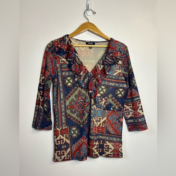 Vintage y2K Chaps Top Blouse XL Stretch Artsy Long Sleeve Carpenter bee fabric - Picture 1 of 12